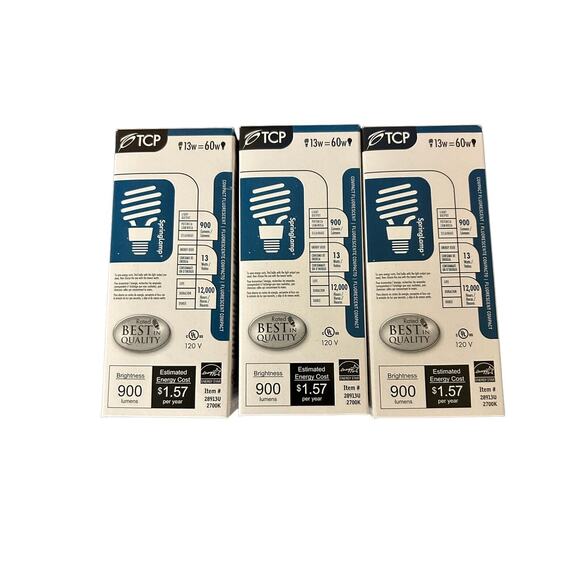 (3)TCP 900 LUMENS 12,000 hr BULBS 13W= 60W. Compact Fluorescent. - Picture 1 of 1